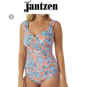 Jantzen's Womens orange Persephone Floral Surplice One Piece Swimsuit Si…